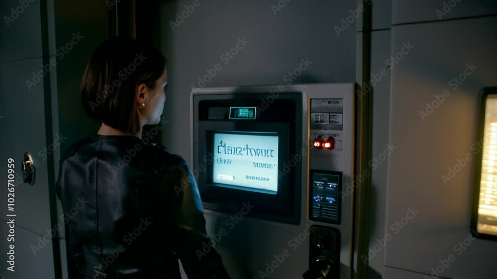 Woman entering an elevator in a modern apartment building. Woman entering an elevator in a modern apartment building.