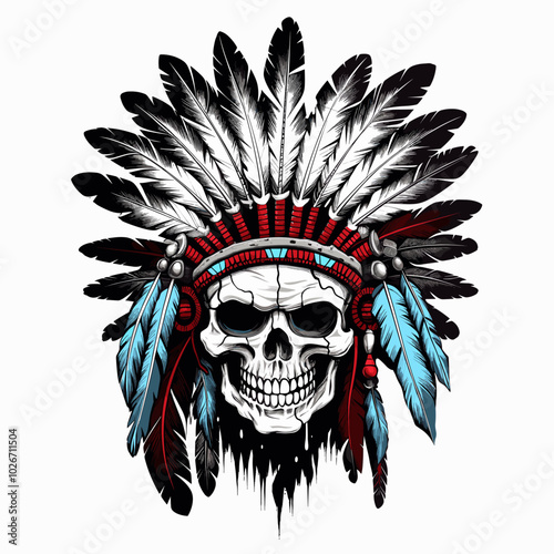 A vibrant skull illustration with a ceremonial headdress featuring intricate feathers and tribal patterns. The design embodies spirituality, leadership, and heritage, making it ideal for tattoo art, d