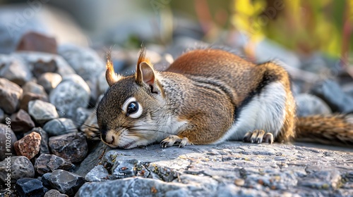 A depressed red tailed grayish squirrel resting on rock and gravel photo