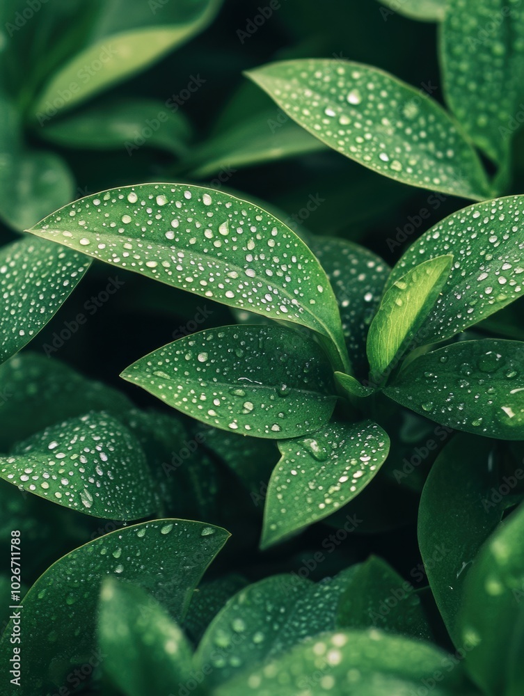 Fototapeta premium Green leaves glisten with water droplets, illustrating the beauty and freshness of nature after a rain in a vibrant setting. Generative AI