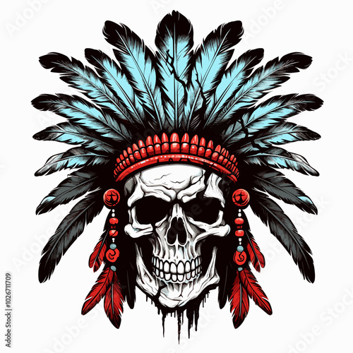 An intricate skull illustration featuring a shamanic headdress with feathers and beads, symbolizing spirituality, rituals, and healing. The combination of nature and skull imagery creates a powerful d