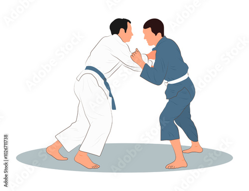 Judo, two men in kimono fighting, combative sport