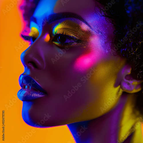 A portrait of a woman’s face bathed in bright neon colors, the reflective light highlighting her smooth skin and features.