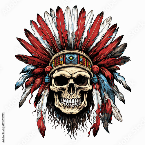 A minimalist skull adorned with a geometric headdress design, blending modern style with traditional symbolism. The clean lines and symmetrical patterns give this piece a sleek and contemporary look, 