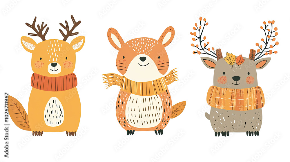 Obraz premium Three Adorable Autumn Animals Wearing Cozy Scarves in Vibrant Colors Generative AI
