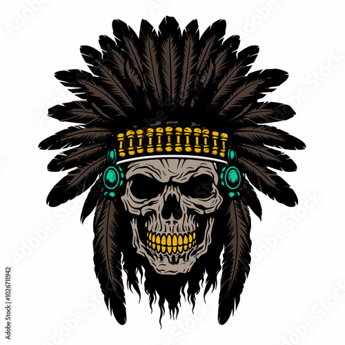 A gothic skull with a ceremonial headdress, evoking mystery, power, and ancestral rituals. The dark, dramatic tones emphasize the deep connection to ancient traditions, making it perfect for tattoo de