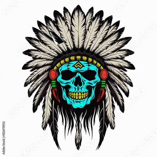 This bold design features a skull wearing a vibrant headdress with feathers flowing majestically, symbolizing strength, heritage, and ancestral pride. The vivid colors and intricate details bring out 