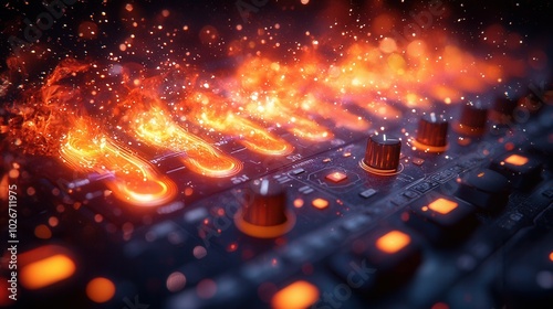 A vibrant mixing console illuminated with fiery orange sparks, showcasing a blend of technology and artistry. Ideal for music enthusiasts and creators.