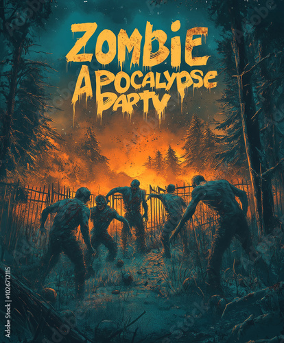 A group of zombies gather in the woods for a vibrant and eerie party as the sun sets behind them, creating an atmospheric backdrop