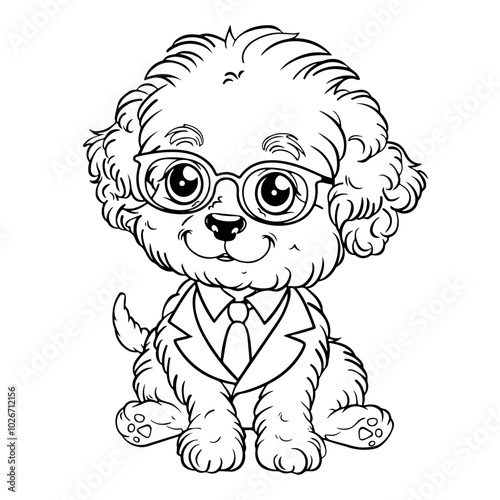 Illustration of a cute poodle puppy wearing glasses and business suit, sitting with happy expression. Baby pet in line drawing. Isolated on white. Children's coloring page, kids toddler activity. photo