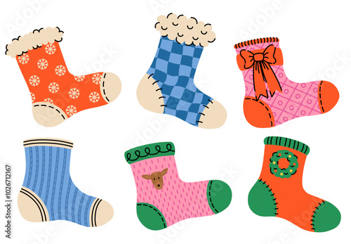 Festive collection of Christmas stockings with various designs. Sock-shaped bags for winter holidays. New Year decoration. Cozy socks for seasonal celebrations, banners, cards. Cute xmas patterns.