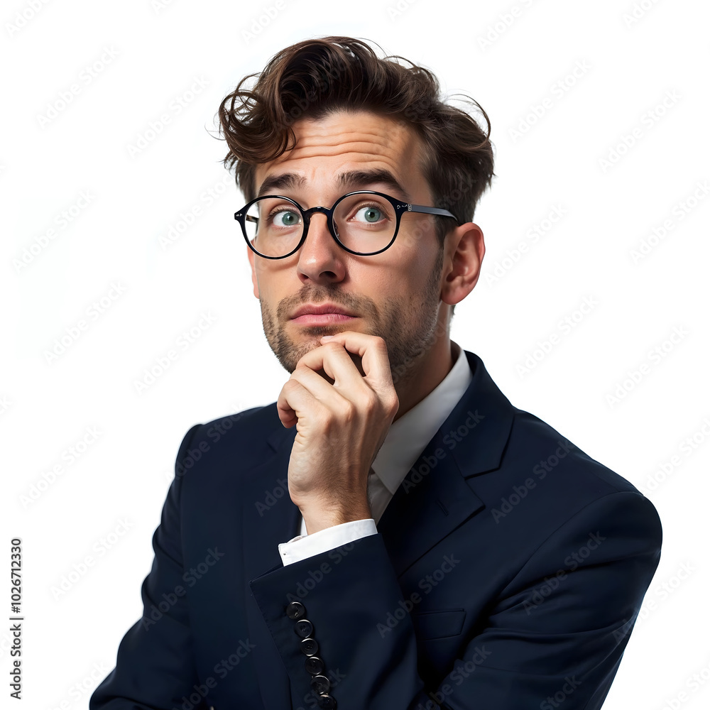 A young, thoughtful businessman clerk man, wearing a suit, thinking for solving a problem, with foresight and dreaming, isolated on a white background A young, thoughtful businessman clerk man, wearing a suit, thinking for solving a problem, with foresight and dreaming, isolated on a white background