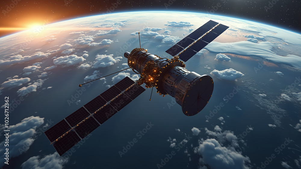 Satellite in Orbit with Earth in the Background Satellite in Orbit with Earth in the Background