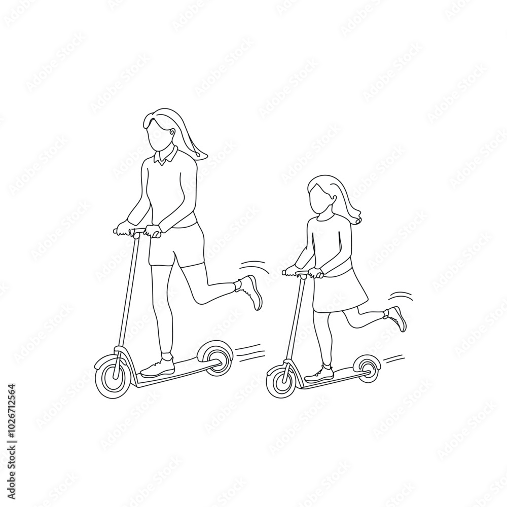 Mother daughter line art riding scooters Mother daughter line art riding scooters