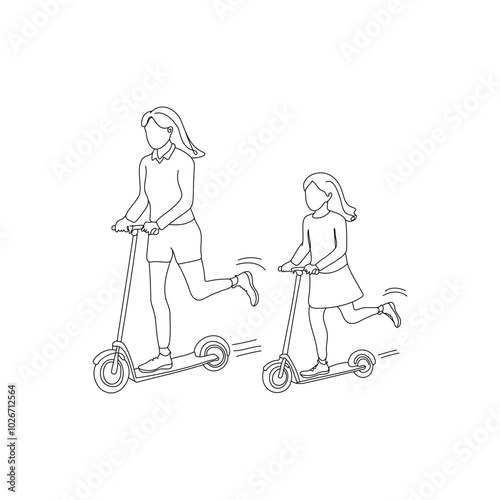 Mother daughter line art riding scooters 