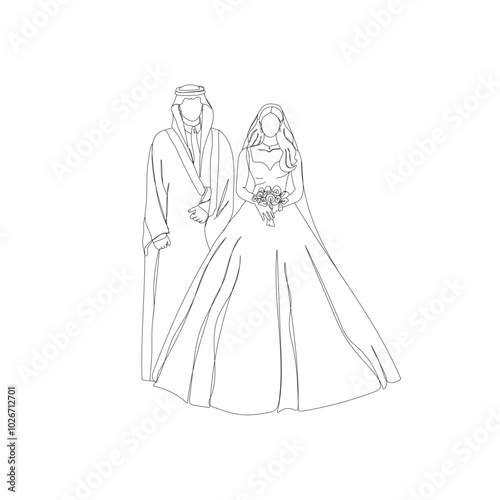 Arabian Bride and Groom continuous line art illustration
