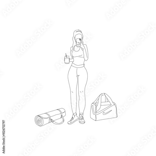 Girl Fitness exercise gym line art drawing vector illustration