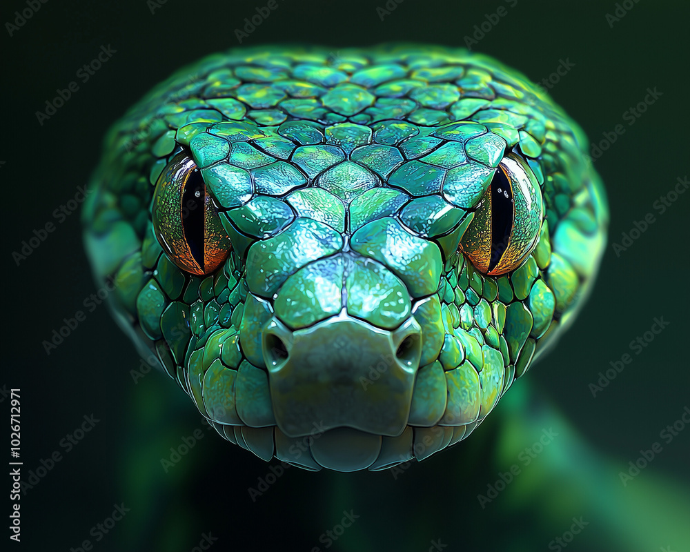hyper-realistic portrayal of a green snake's head with a focus on the detailed, vivid eyes and scales hyper-realistic portrayal of a green snake's head with a focus on the detailed, vivid eyes and scales