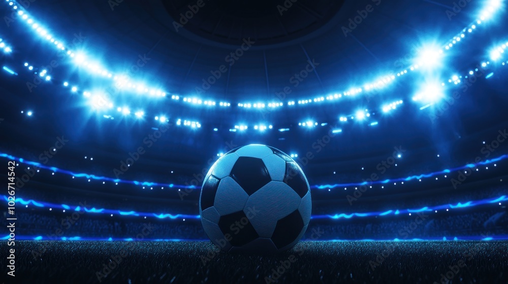 Naklejka premium A Soccer Ball on a Football Field at Night with Bright Blue Lights