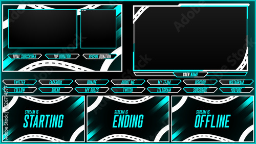 streaming overlay Stream twitch game icons. Buttons and overlay panel frame. Futuristic interface design. Live streaming. Neon user tag. Cyber glow modern name border