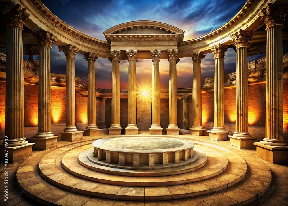 Fototapeta premium Stunning Drone Photography of a Roman Style Circular Stage Podium Surrounded by Majestic Stone Columns Against a Vintage Background