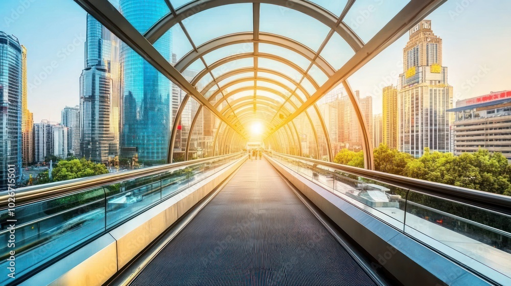 Fototapeta premium A Walkway Through Modern Skyscrapers with Glass Roof