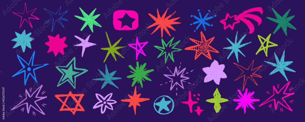 Set stars doodle style drawn by hand charcoal. Grunge scrawls, charcoal scribbles, rough brush strokes. Bold charcoal freehand stars. Crayon scribbles and graffiti elements Set stars doodle style drawn by hand charcoal. Grunge scrawls, charcoal scribbles, rough brush strokes. Bold charcoal freehand stars. Crayon scribbles and graffiti elements
