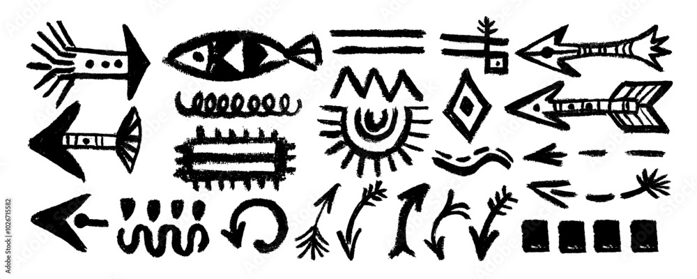 A set of arrows and other geometric shapes drawn with charcoal pencil in doodle style. Tribal Aztec, African, Indian pattern elements, symbols, icons. Vector illustrations collection with traditional 