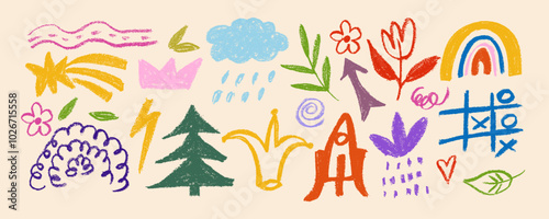 Colorful childish crayon drawn doodle collection. Pencil drawings isolated on white, squiggles in childish girly style, flower, crown and stars. Freehand cute kid scribbles. Bright color chalk icons.