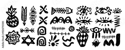 Set with african, aztec pattern  elements, symbols, icons, hand-drawn in doodle style. Set of abstract african tribal geometric shapes, ancient ethnic traditional symbols and ornate signs.