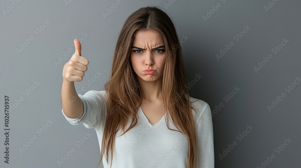 Young woman looking displeased and standing with a thumbs down gesture in front of a grey backdrop, conveying her dissatisfaction Young woman looking displeased and standing with a thumbs down gesture in front of a grey backdrop, conveying her dissatisfaction
