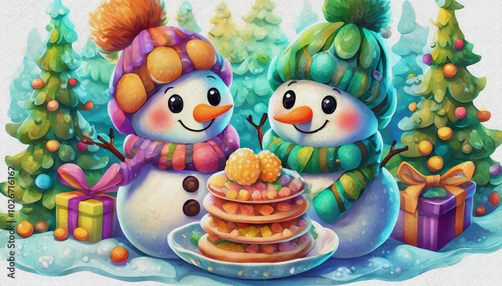 Obraz premium oil painting style CARTOON CHARACTER illustration CUTE baby snowmen bake pancakes isolated on white background, top view.