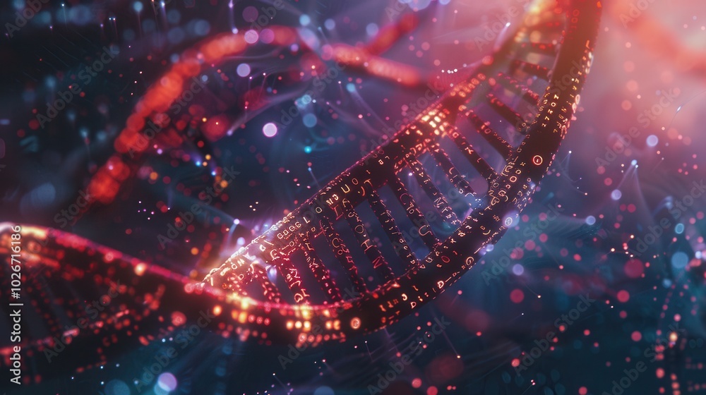 The artwork showcases a vibrant 3D DNA strand intertwined with flowing digital data and binary code, symbolizing advanced genetic research. Generative AI The artwork showcases a vibrant 3D DNA strand intertwined with flowing digital data and binary code, symbolizing advanced genetic research. Generative AI