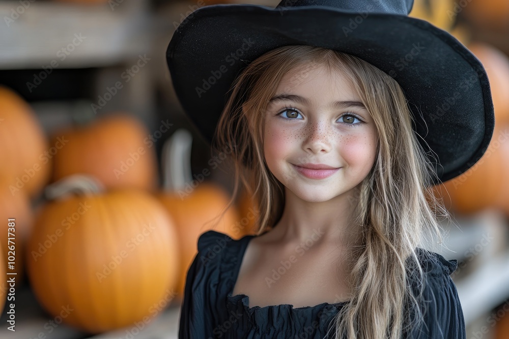 Smiling girl wearing witch hat posing at pumpkin patch farm Smiling girl wearing witch hat posing at pumpkin patch farm