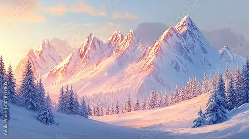 A beautiful winter scene with snow-covered mountains and pine trees in the foreground. The mountains are lit by the warm glow of the setting sun.