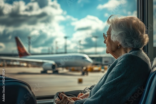Wallpaper Mural Elderly woman waiting at the airport gate watching airplane taking off Torontodigital.ca