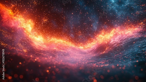 An artistic digital rendering of a stunning cosmic scene, showcasing vibrant colors and sparkling elements in a swirling pattern against a dark background.