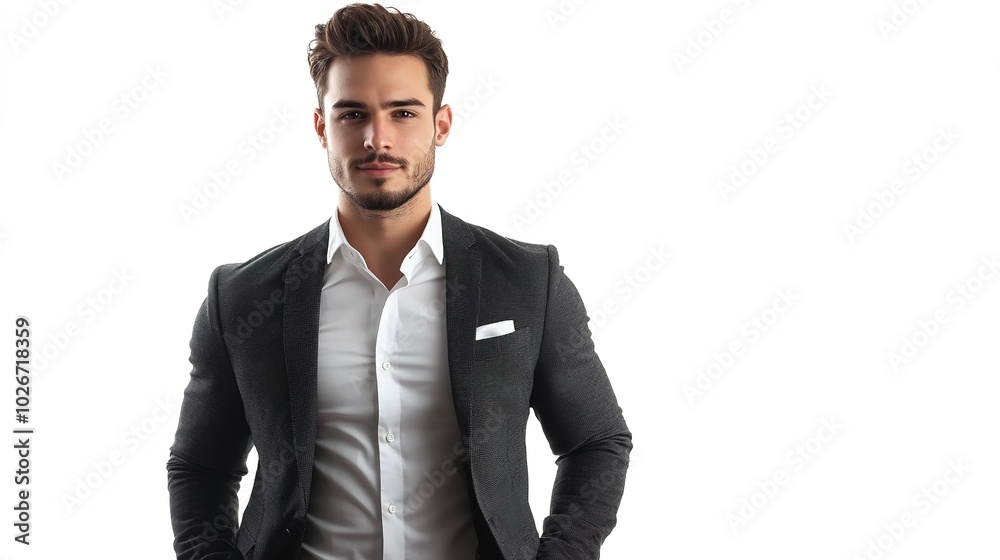Confident young man in a tailored blazer and dress shirt, casually posing with one hand in his pocket, radiating professionalism and charm on a white background Confident young man in a tailored blazer and dress shirt, casually posing with one hand in his pocket, radiating professionalism and charm on a white background