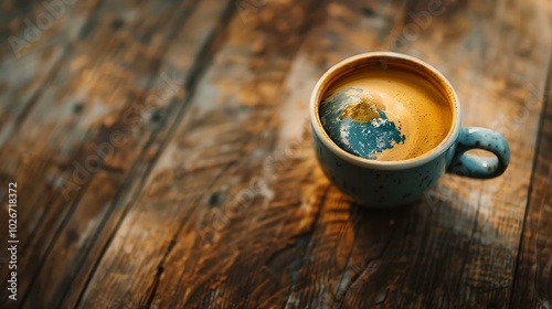 A hot cup of coffee with a foamy top is placed close to a world of the earth on a wooden surface