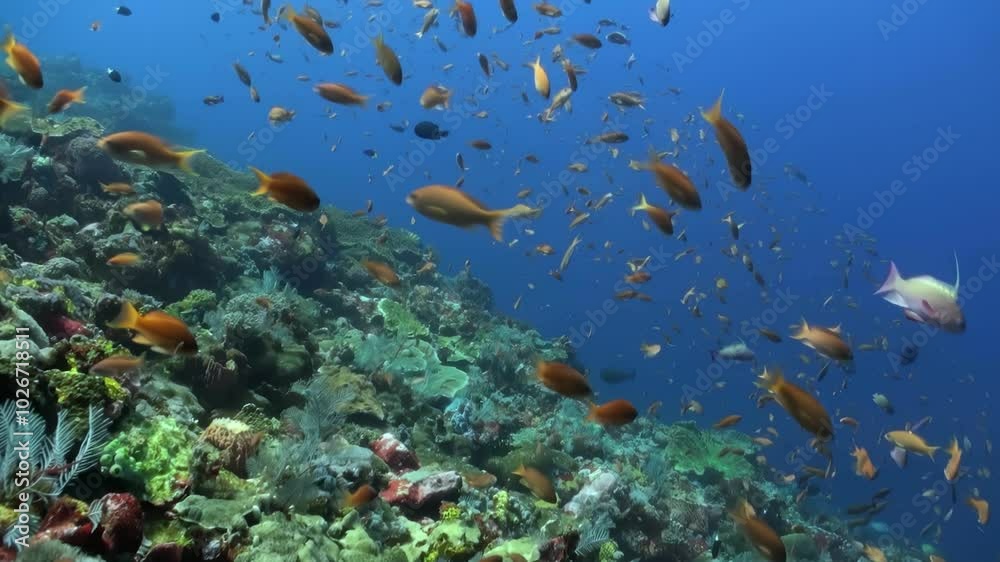 A school of fish swimming in the ocean. The fish are of various colors and sizes. The scene is lively and full of movement A school of fish swimming in the ocean. The fish are of various colors and sizes. The scene is lively and full of movement