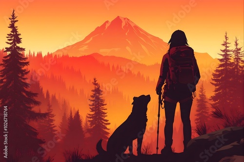 a silhouette of a woman wearing an alpinist backpack and jacket. A silhouette of a dog is standing next to her. They are watching a mountain and forest in the sunset. The atmosphere is intense, suspen photo