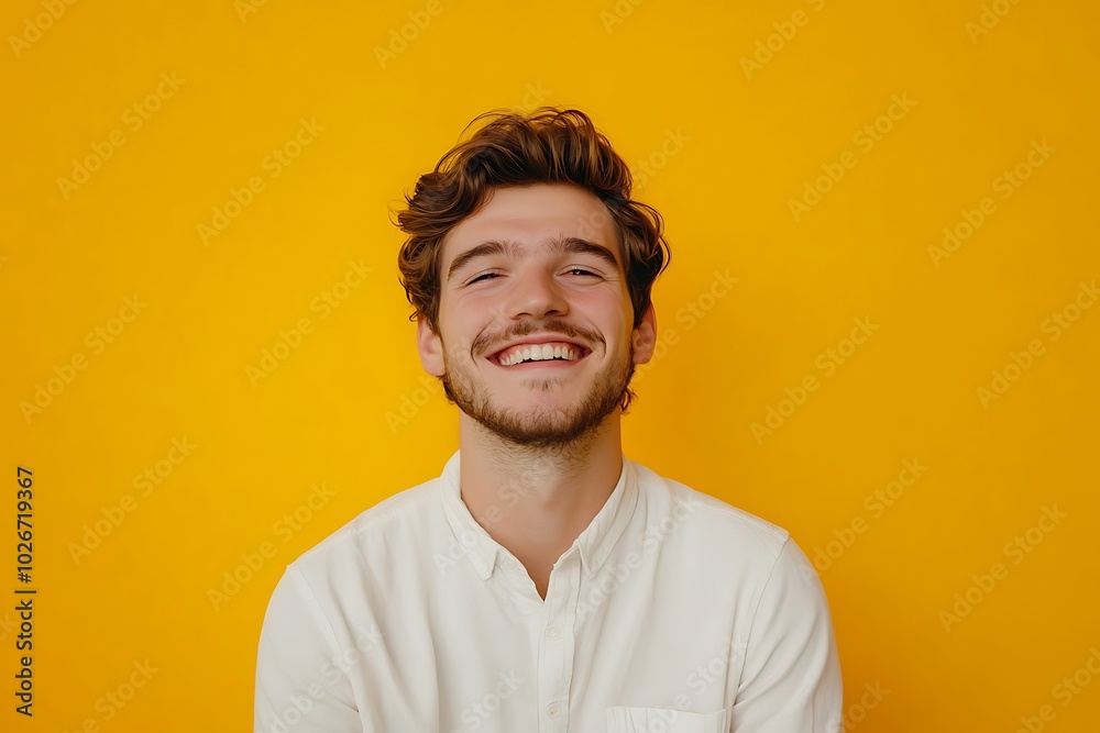 Happy young man smiling in casual shirt on bright yellow background Happy young man smiling in casual shirt on bright yellow background