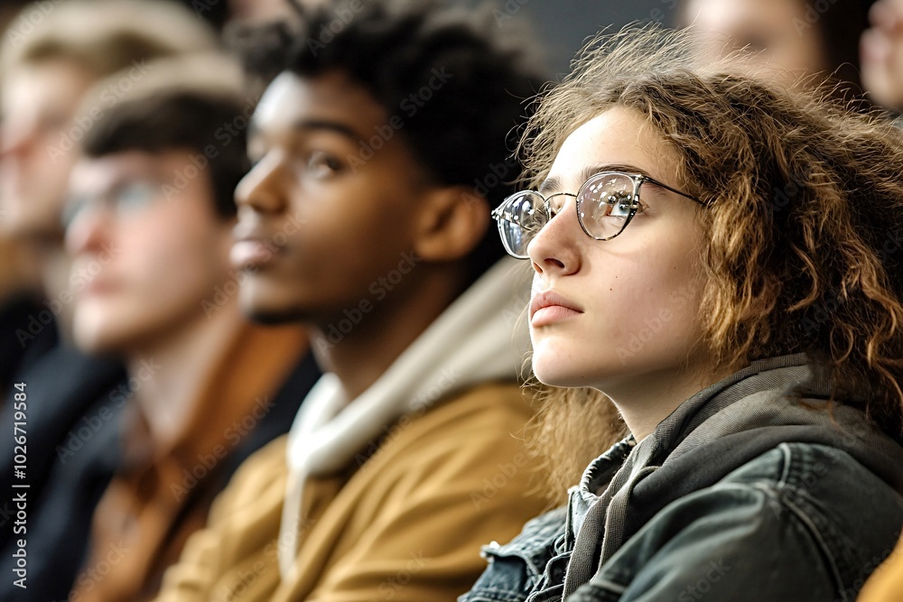 Diverse group of young students in lecture hall, fully engaged in learning from professor. Captures essence of campus life and bright futures through education Diverse group of young students in lecture hall, fully engaged in learning from professor. Captures essence of campus life and bright futures through education