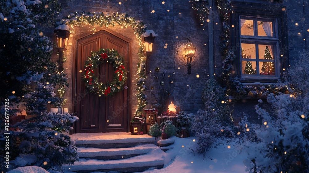 A cozy house with Christmas decorations: a fir wreath on the door, a festive garland on the window, and snow on the stairs. A cozy house with Christmas decorations: a fir wreath on the door, a festive garland on the window, and snow on the stairs.