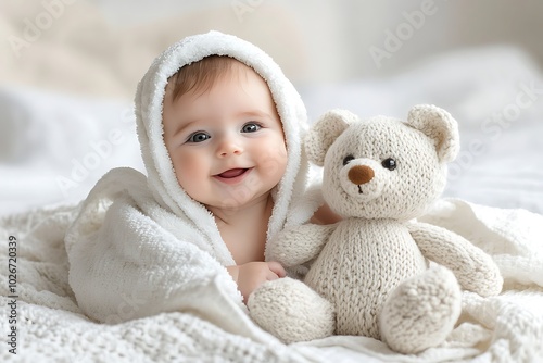 Cute baby snuggled in a towel, with a teddy, white background, high-detail shot, light and bright, trending keywords, studio photography, serene setting, playful mood, premium finish, warm highlights