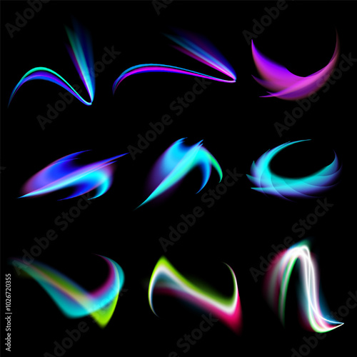 Modern abstract high speed movement of lights. Colorful dynamic motion on black background. Light leaks, aura, ghost shots, long exposure vibrant trails. Vector illustration