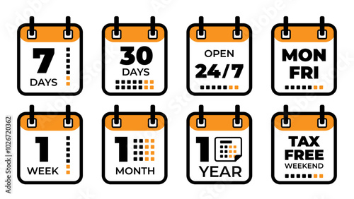 Icons that visually represent various timeframes and special promotional events such as taxfree weekends specifically. Orange black vector time icons. Open 24 hours, month, year, week calendar