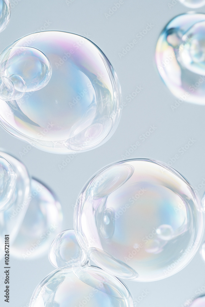 Iridescent soap bubbles floating on a pastel background, creating a dreamy atmosphere