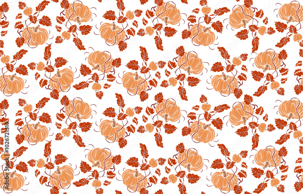 Seamless overlay pattern  wallpaper of pumpkins on the vine with leaves 