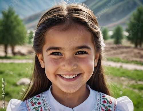 A young smiling girl 5 years old of Tajik nationality stands outdoors, dressed in traditional attire. AI generated. photo